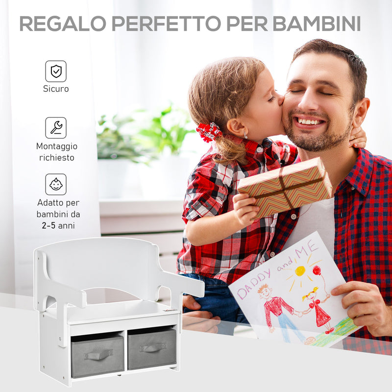 Cassapanca Banchetto Scuola per Bambini 2 in 1 60x43x57 cm con 2 Cassetti Bianca