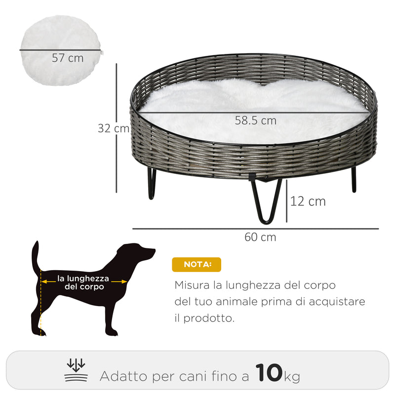 Cuccia per Cani e Gatti Rialzata Ø60x32 cm in Rattan Grigio Scuro