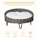 Cuccia per Cani e Gatti Rialzata Ø60x32 cm in Rattan Grigio Scuro