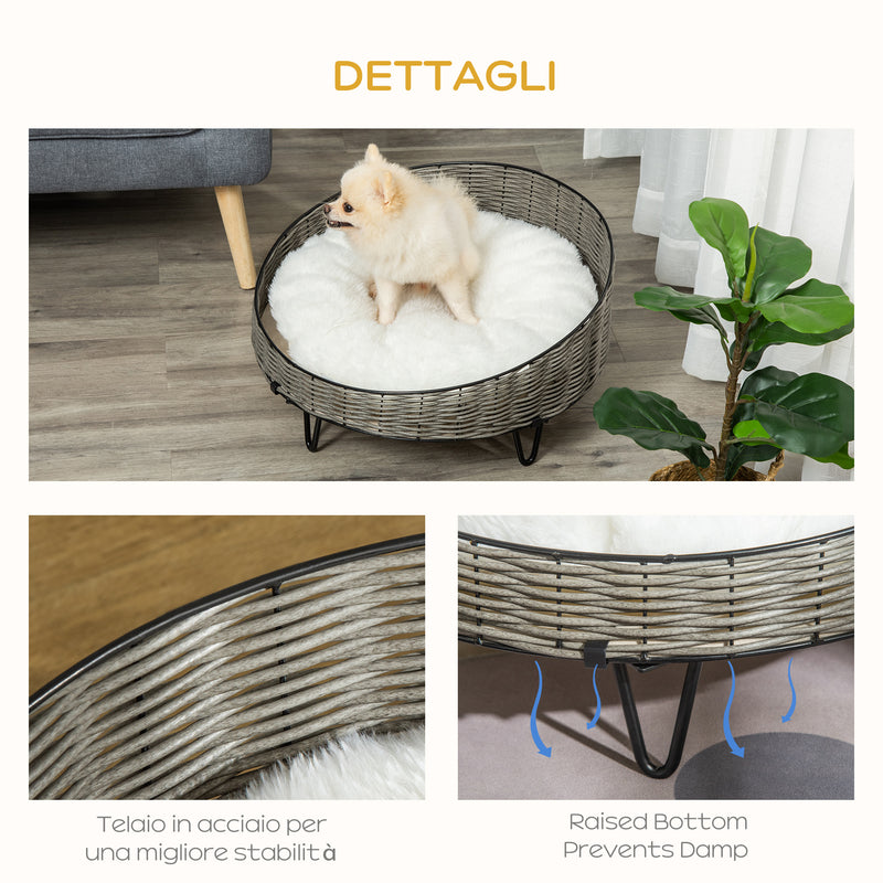 Cuccia per Cani e Gatti Rialzata Ø60x32 cm in Rattan Grigio Scuro