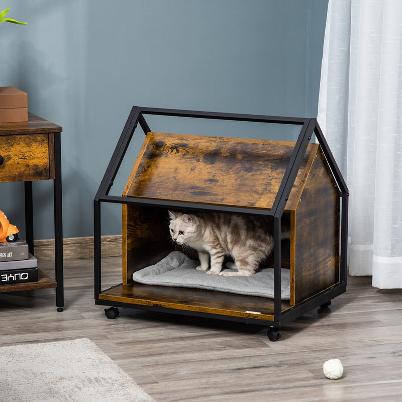 Cuccia per Gatti 60x50x60,5 cm in Legno e Acciaio Marrone Rustico