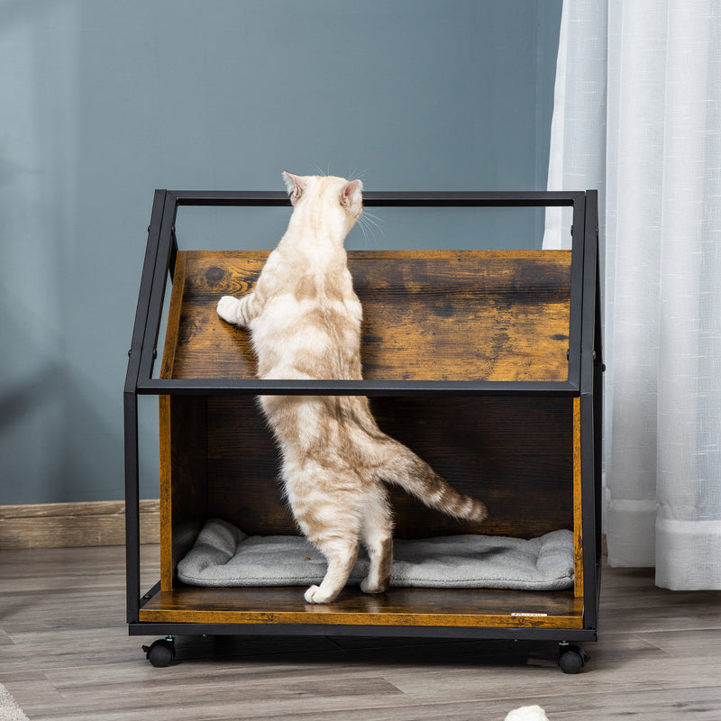 Cuccia per Gatti 60x50x60,5 cm in Legno e Acciaio Marrone Rustico