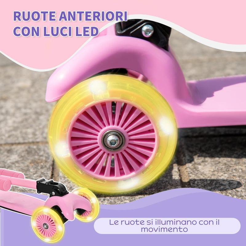 Monopattino Pieghevole 3 Ruote per Bambini 54,7x32,5x59-69 cm in Metallo e Alluminio Rosa