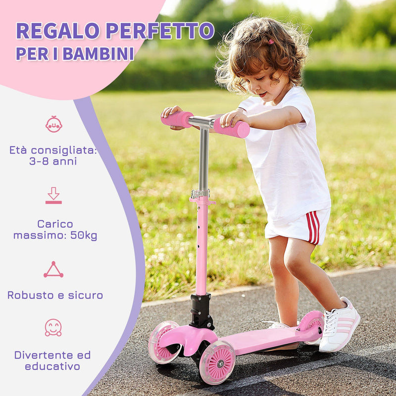 Monopattino Pieghevole 3 Ruote per Bambini 54,7x32,5x59-69 cm in Metallo e Alluminio Rosa