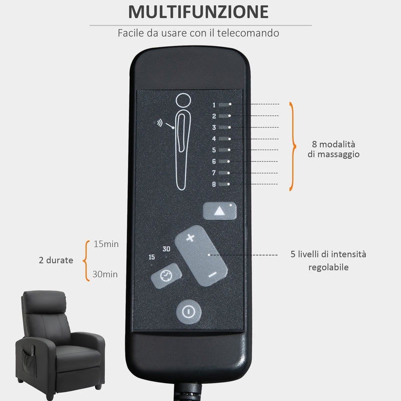 Poltrona Relax Massaggiante 68x88x98 cm con Telecomando in Similpelle Grigio