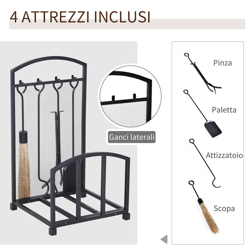 Portalegna per Camino con 4 Attrezzi 39x39x68 cm in Metallo Nero