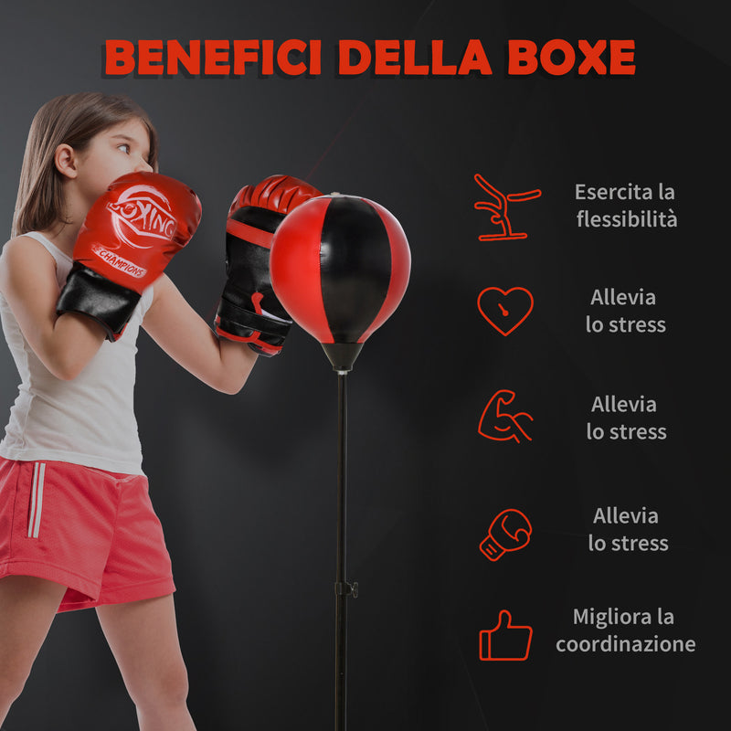 Punching Ball per Bambini con Guantoni Altezza Regolabile Rosso e Nero