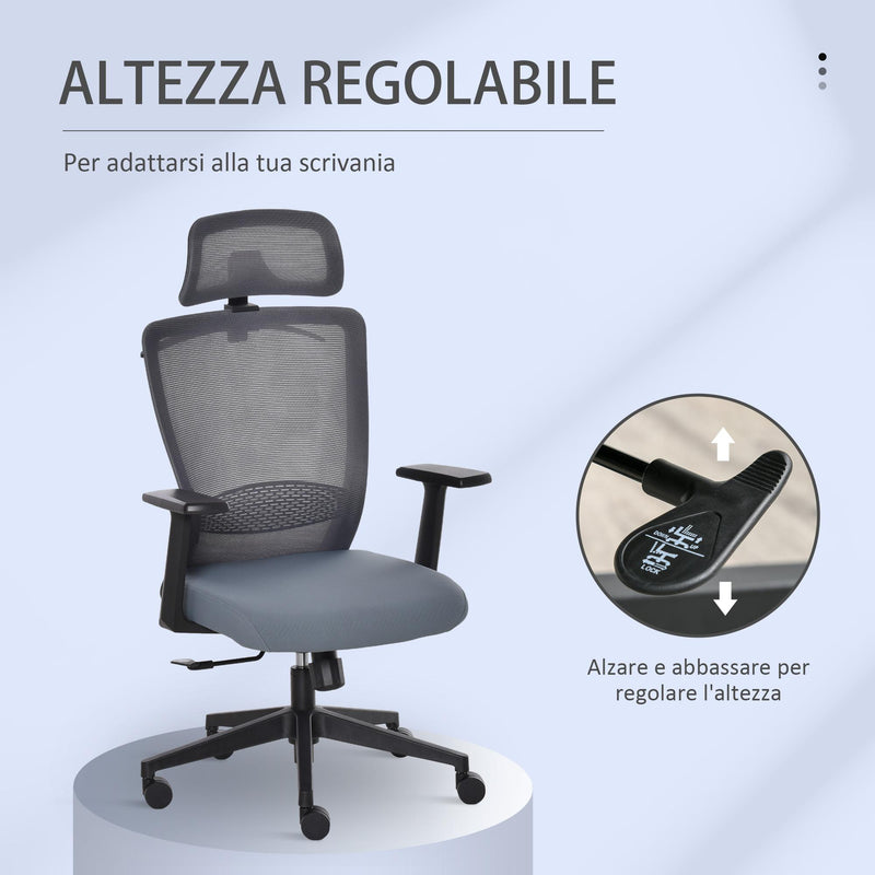 Sedia Poltrona Direzionale da Ufficio 67x66x110-120 cm in Tessuto a Rete Grigio