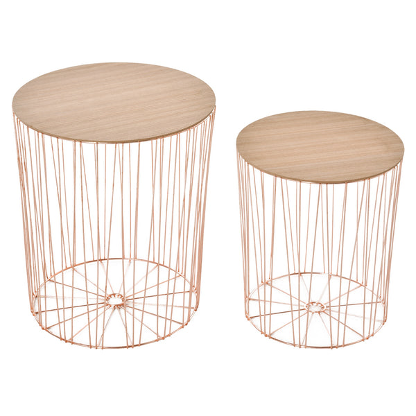 Set de 2 Tables d'Appoint Containers Plateau Amovible en Métal et MDF Or Rose et Bois sconto