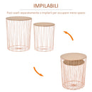Set 2 Tavolini Contenitori Ripiano Rimovibile in Metallo e MDF Oro Rosa e Legno