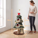 Albero Tiragraffi Natalizio per Gatti 60x60x132 cm con 2 Cucce Scala in Sisal Pali in Juta e Palline Verde      