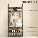 Mobile Ingresso Appendiabiti con Panca e Scarpiera 80x40x182 cm in Legno e Metallo Marrone e Nero  