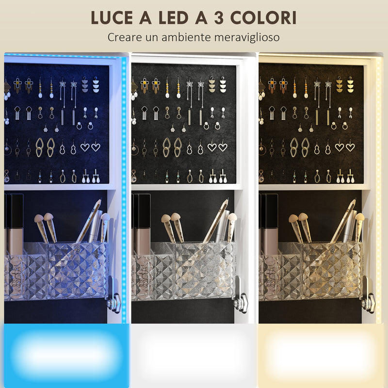 Specchio Girevole con Armadietto Portagioielli e Appendiabiti 37x40x165,5 cm Luce LED Regolabile e Serratura in MDF Bianco  