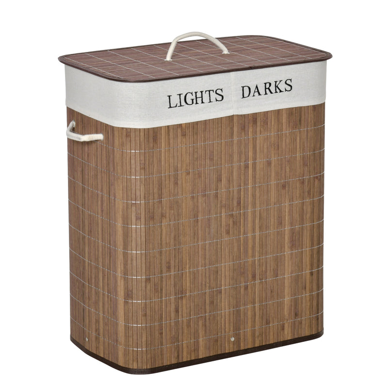 Cesto per Biancheria 2 Scomparti 52x32x63 cm con Coperchio e Maniglie Marrone