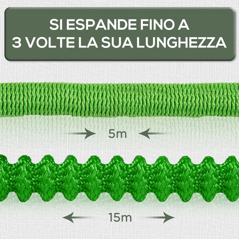 Tubo da Giardino Estensibile 15 m con Pistola Spray a 8 Funzioni Verde