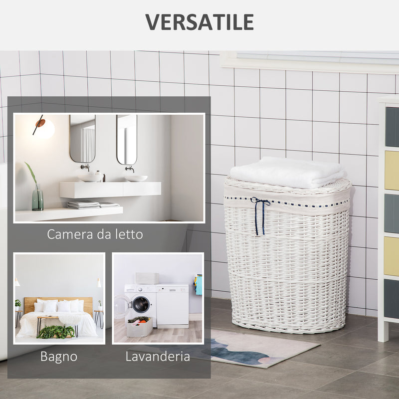 Cesto Portabiancheria 51x38x57 cm in Vimini con Coperchio e Sacco Interno Bianco