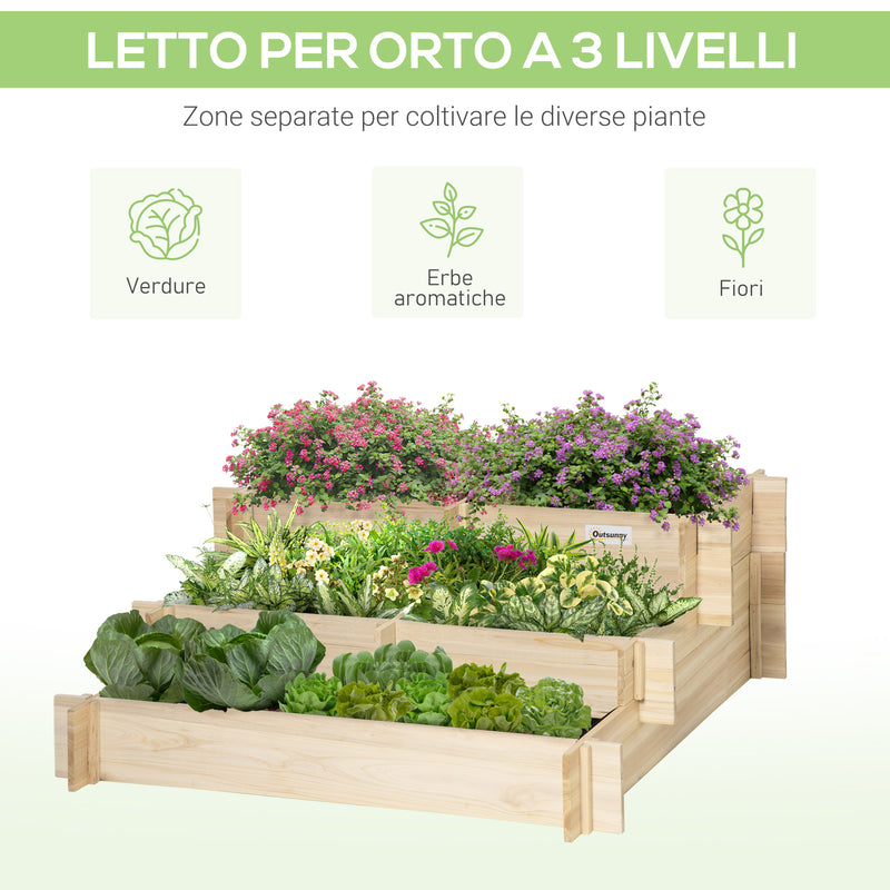 Orto Rialzato 3 Livelli 93x93x35 cm per Verdure Fiori e Piante in Legno