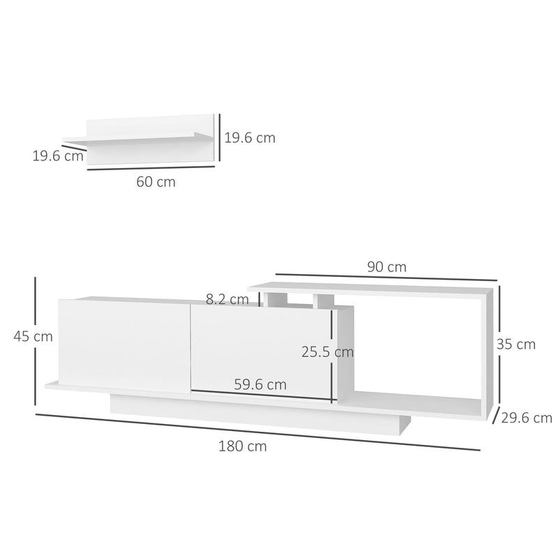 Mobile Porta TV 180x29,6x45 cm con Armadietti e Mensola da Appendere in Legno Bianco
