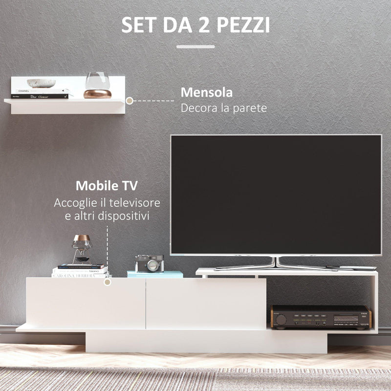 Mobile Porta TV 180x29,6x45 cm con Armadietti e Mensola da Appendere in Legno Bianco