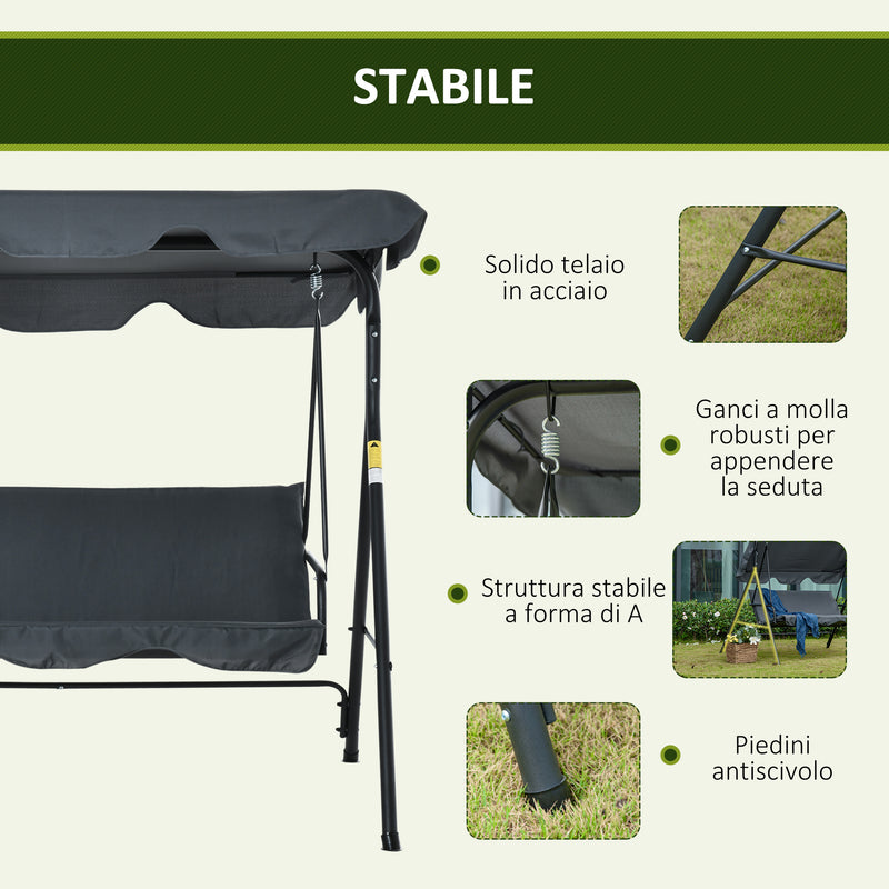 Dondolo da Giardino 3 Posti 172x120x153 cm con Tettuccio Parasole Regolabile e Cuscini Grigio