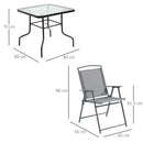 Set Tavolo e 4 Sedie Pieghevoli da Giardino in Acciaio Piano in Vetro e Sedute in Tessuto Nero