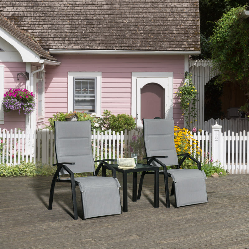 Set Tavolino e 2 Sdraio Reclinabili da Giardino Tessuto a Rete e Cotone Grigio Scuro