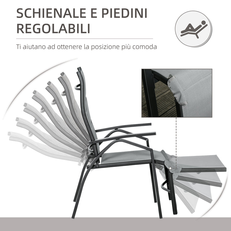 Set Tavolino e 2 Sdraio Reclinabili da Giardino Tessuto a Rete e Cotone Grigio Scuro