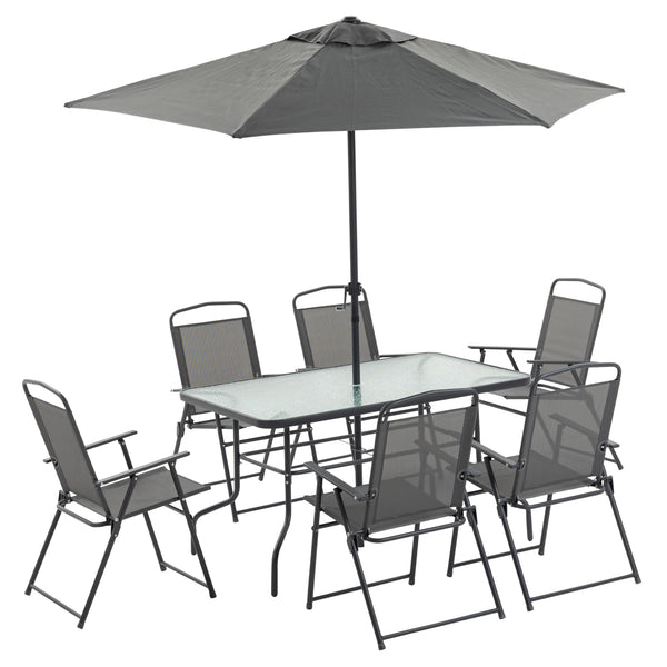 acquista Ensemble de table et 6 chaises de jardin pliantes avec parasol en verre et assises en tissu gris