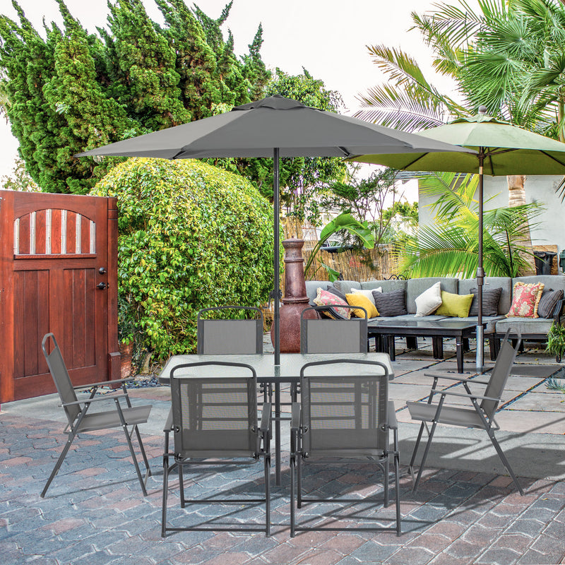 Set Tavolo e 6 Sedie Pieghevoli da Giardino con Ombrellone Piano in Vetro e Sedute in Tessuto Grigio