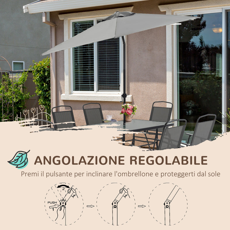 Set Tavolo e 6 Sedie Pieghevoli da Giardino con Ombrellone Piano in Vetro e Sedute in Tessuto Grigio
