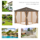 Gazebo da Giardino con Zanzariera Tende Laterali e Tetto Rigido 2,98x2,98m in Alluminio Marrone