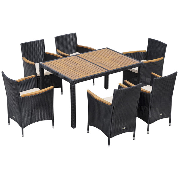 prezzo Ensemble de table et 6 chaises de jardin pliantes avec coussins moelleux en rotin PE et bois noir