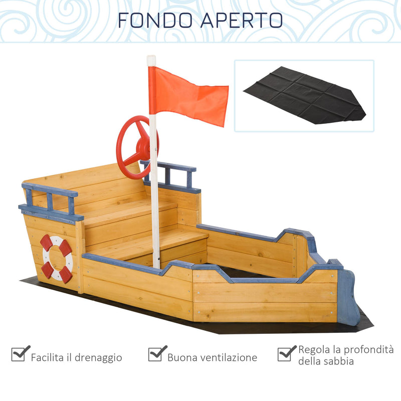 Sabbiera da Esterno per Bambini a Forma di Nave 158x78x45,5 cm con Contenitore in Legno