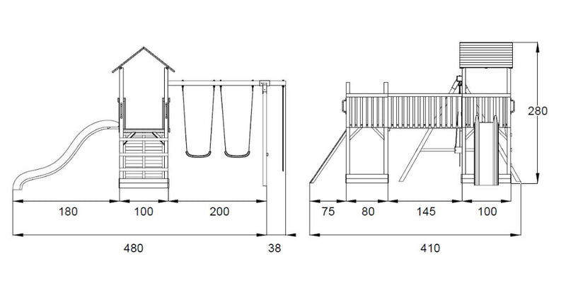 Torre con Altalenta 2 Posti e Scivolo 410x480x280 cm in Legno
