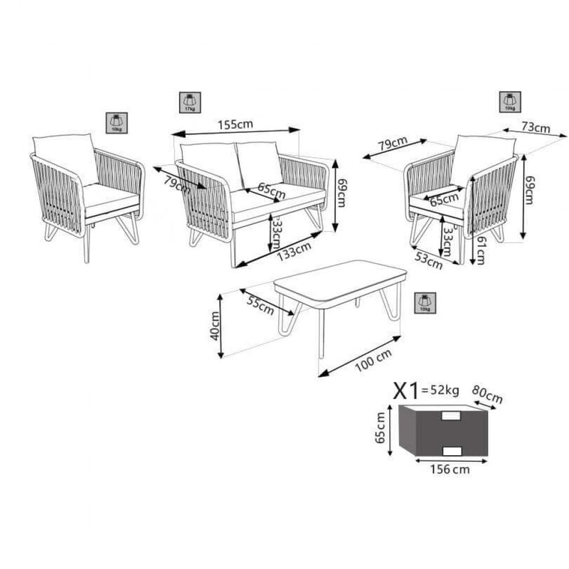 Set Salotto da Giardino Divano 2 Poltrone e Tavolino con Cuscini in Corda Tortora