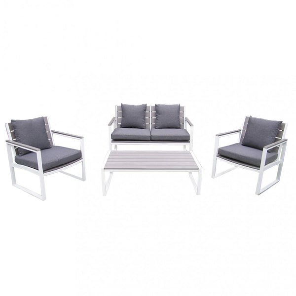 Salon de jardin canapé 2 fauteuils et table basse avec coussins en aluminium blanc online