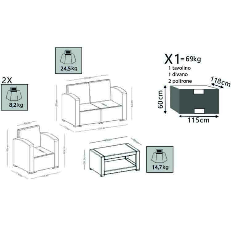Set Salotto da Giardino Divano 2 Poltrone e Tavolino con Cuscini in Plastica Grigio