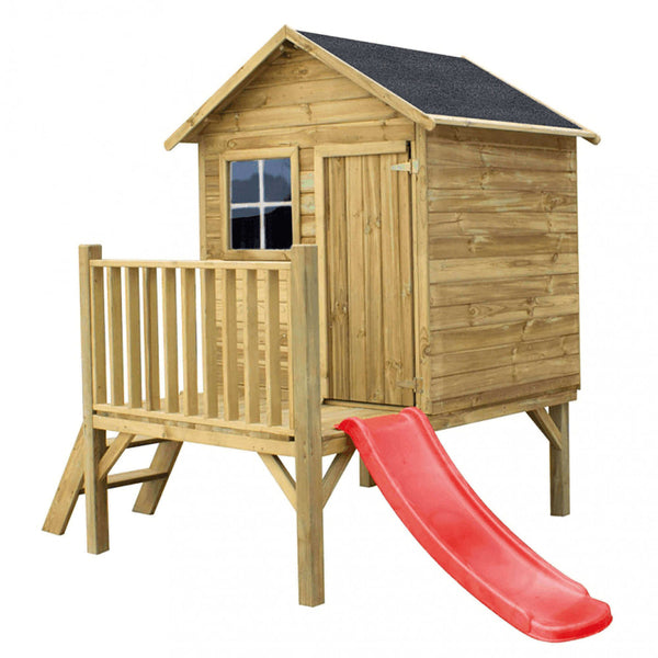 Maison de jeu pour enfants en bois Pollon avec toboggan 174x155x212 h cm en bois sconto