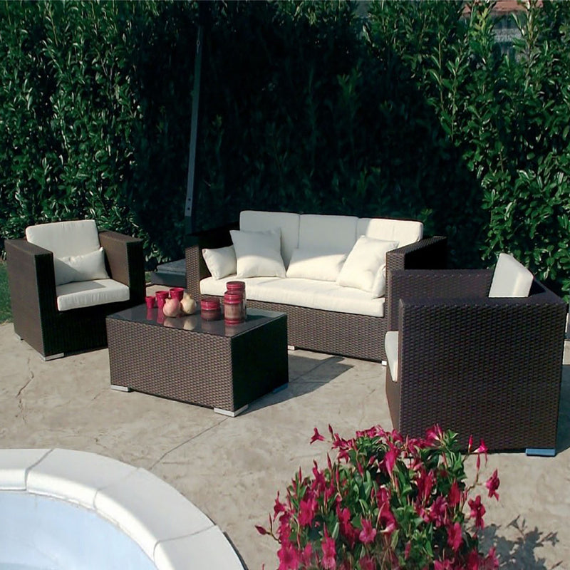 Set Salotto da Giardino Divano 2 Poltrone e Tavolino con Cuscini in Wicker Marrone