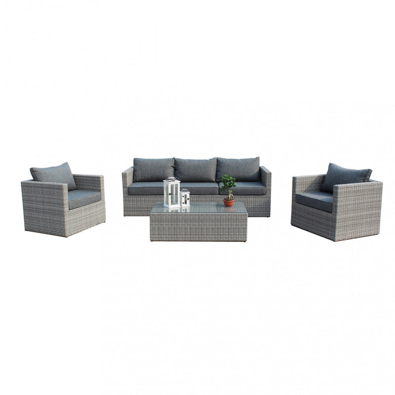 Set Salotto da Giardino Divano 2 Poltrone e Tavolino con Cuscini in Wicker Grigio