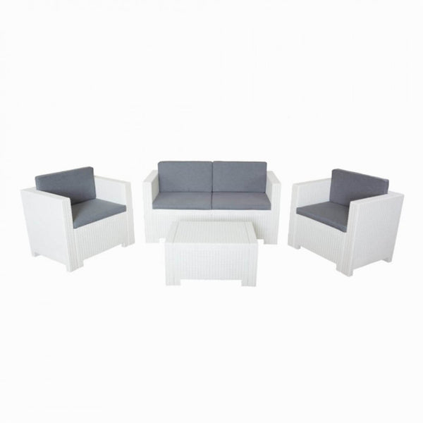 acquista Ensemble Salon de Jardin Canapé 2 Fauteuils et Table Basse avec Coussins en Plastique Blanc