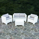 Set Salotto da Giardino Divano 2 Poltrone e Tavolino con Cuscini in Plastica Bianco