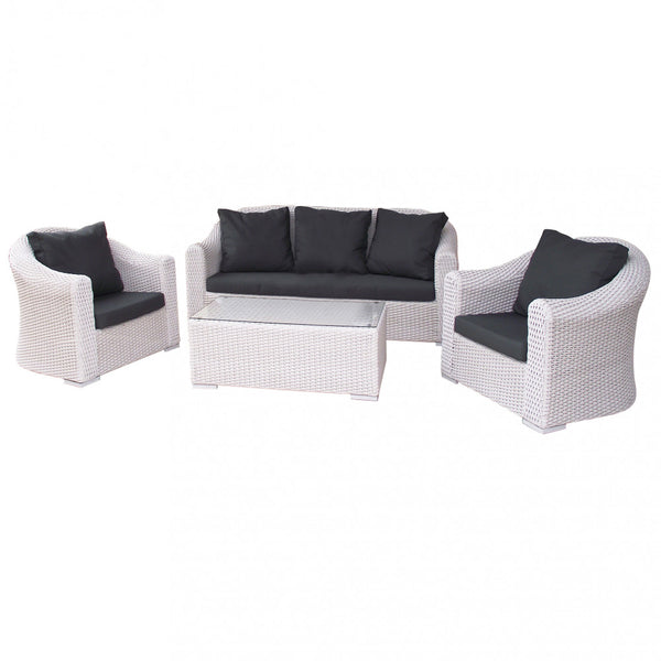 Salon de jardin canapé 2 fauteuils et table basse avec coussins en osier blanc sconto