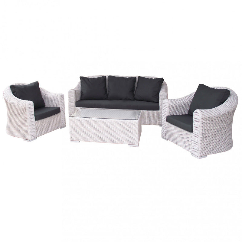 Set Salotto da Giardino Divano 2 Poltrone e Tavolino con Cuscini in Wicker Bianco