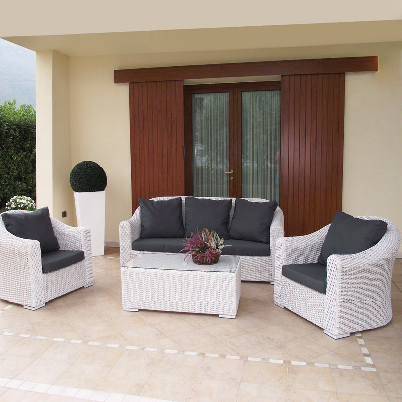 Set Salotto da Giardino Divano 2 Poltrone e Tavolino con Cuscini in Wicker Bianco