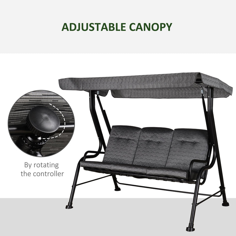 Dondolo 3 Posti 200x120x170 cm in Acciaio e Tessuto Nero