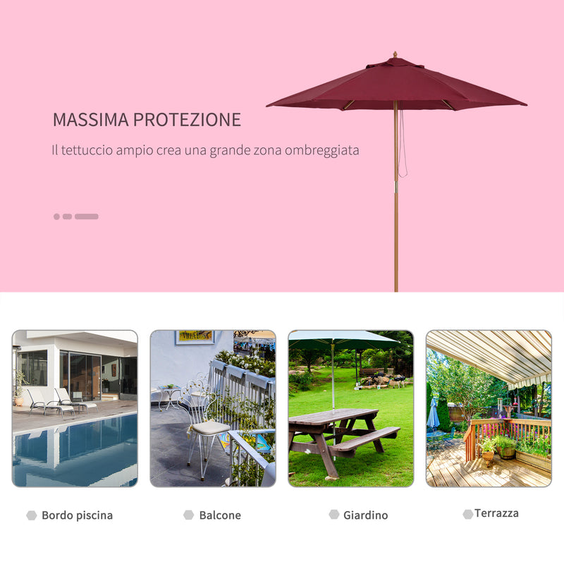 Ombrellone da Giardino Ø2,5 m Palo Ø38 mm in Legno e Poliestere Bordeaux