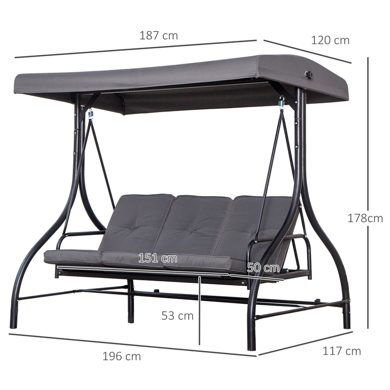 Dondolo Letto 3 Posti 195x117x174 cm in Metallo e Poliestere Grigio