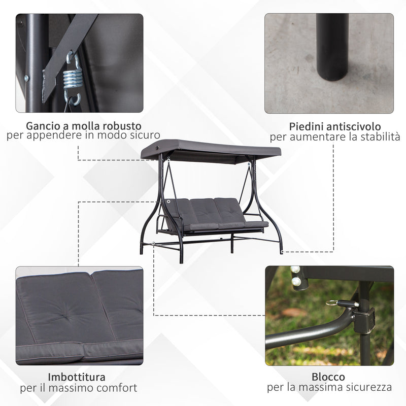 Dondolo Letto 3 Posti 195x117x174 cm in Metallo e Poliestere Grigio