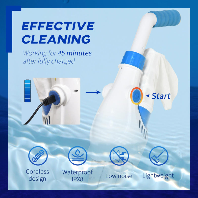 Pulitore Aspiratore per Piscine a Batteria con Palo Telescopico Bianco e Blu